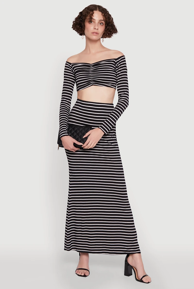 Womens Chic Striped Off Shoulder Long Sleeve Top with Ruching and Cropped Hem, Multi, Size M