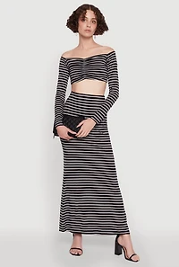 Womens Chic Striped Off Shoulder Long Sleeve Top with Ruching and Cropped Hem, Multi, Size M