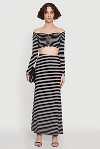 Womens Chic Striped Off Shoulder Long Sleeve Top with Ruching and Cropped Hem, Multi, Size L