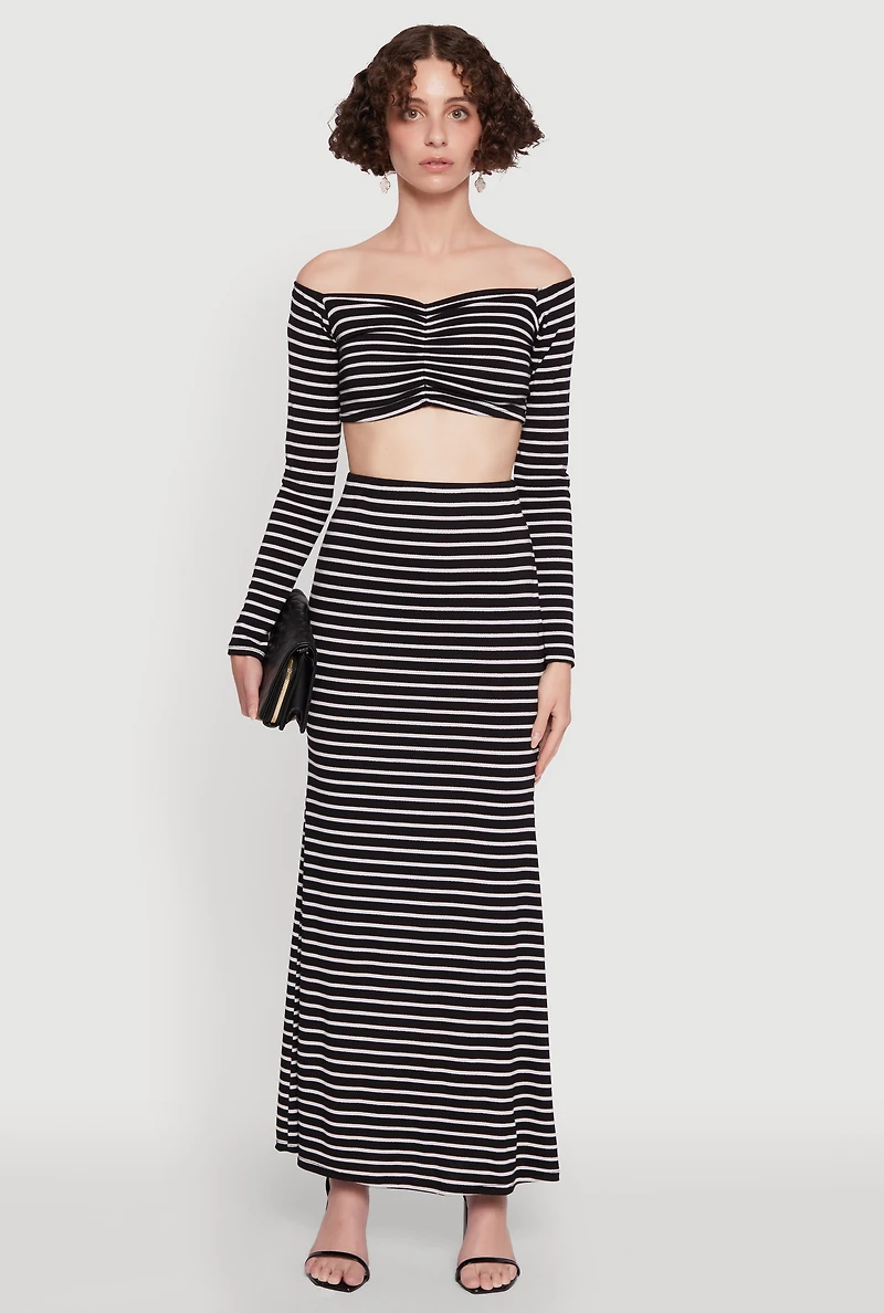 Womens Chic Striped Off Shoulder Long Sleeve Top with Ruching and Cropped Hem, Multi, Size M