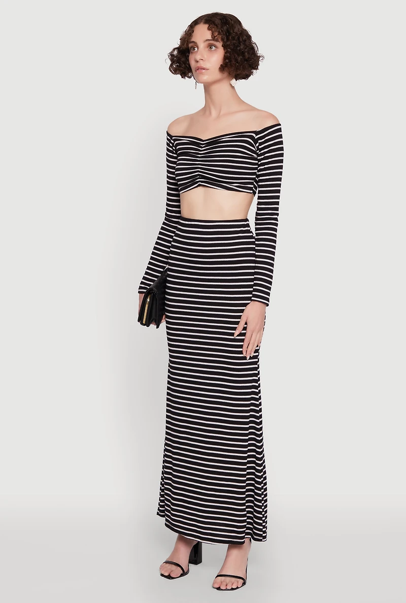Womens Chic Striped Off Shoulder Long Sleeve Top with Ruching and Cropped Hem, Multi, Size M