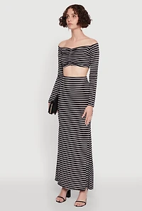 Womens Chic Striped Off Shoulder Long Sleeve Top with Ruching and Cropped Hem, Multi, Size M