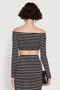 Womens Chic Striped Off Shoulder Long Sleeve Top with Ruching and Cropped Hem, Multi, Size L
