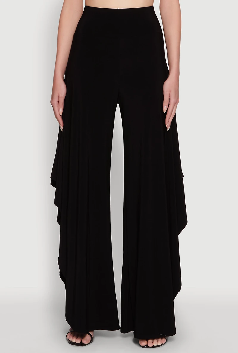 Womens Palazzo Pants with Wide Leg and Asymmetrical Design, Black, Size S
