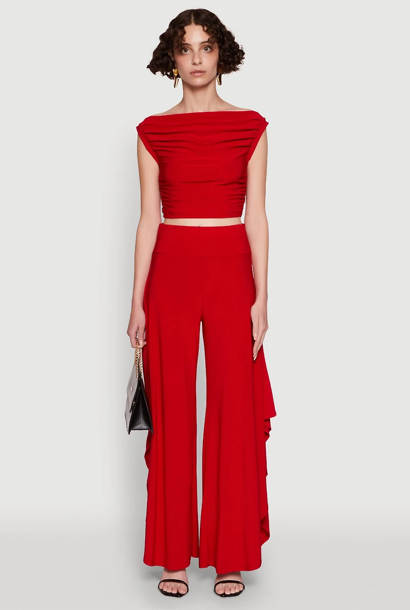 Womens Palazzo Pants with Wide Leg and Asymmetrical Design, Red,