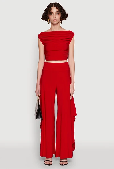 Womens Palazzo Pants with Wide Leg and Asymmetrical Design, Red, Size XL