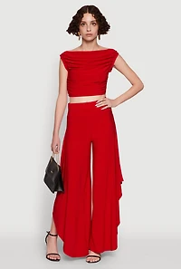 Womens Palazzo Pants with Wide Leg and Asymmetrical Design, Red,