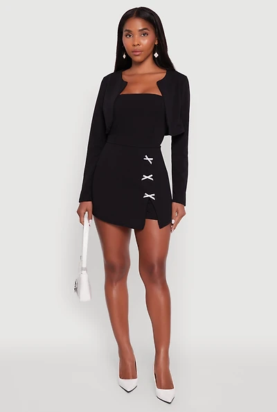Womens Strapless Bow Detail Crepe Knit Romper with Side Slit, Black,