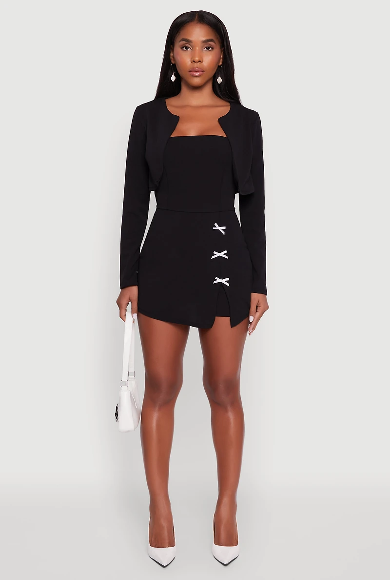 Womens Strapless Bow Detail Crepe Knit Romper with Side Slit, Black, Size L