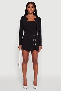 Womens Strapless Bow Detail Crepe Knit Romper with Side Slit, Black, Size L