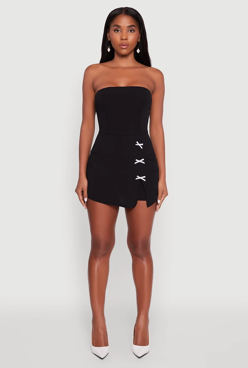 Womens Strapless Bow Detail Crepe Knit Romper with Side Slit, Black, Size L