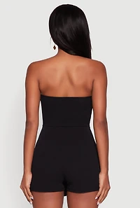 Womens Strapless Bow Detail Crepe Knit Romper with Side Slit, Black,