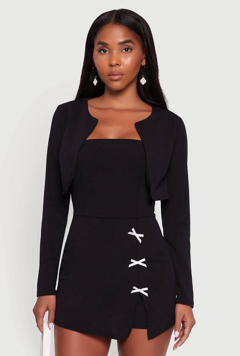 Womens Crepe Knit Long Sleeve Bolero, Black, Size M