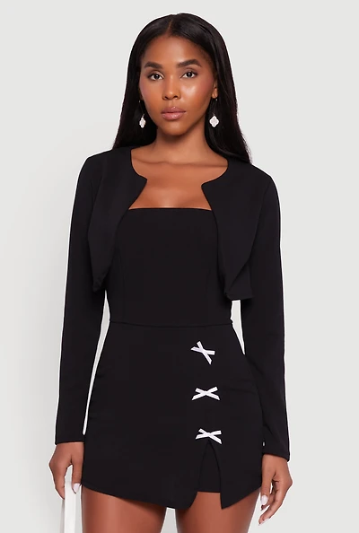 Womens Crepe Knit Long Sleeve Bolero, Black, Size M