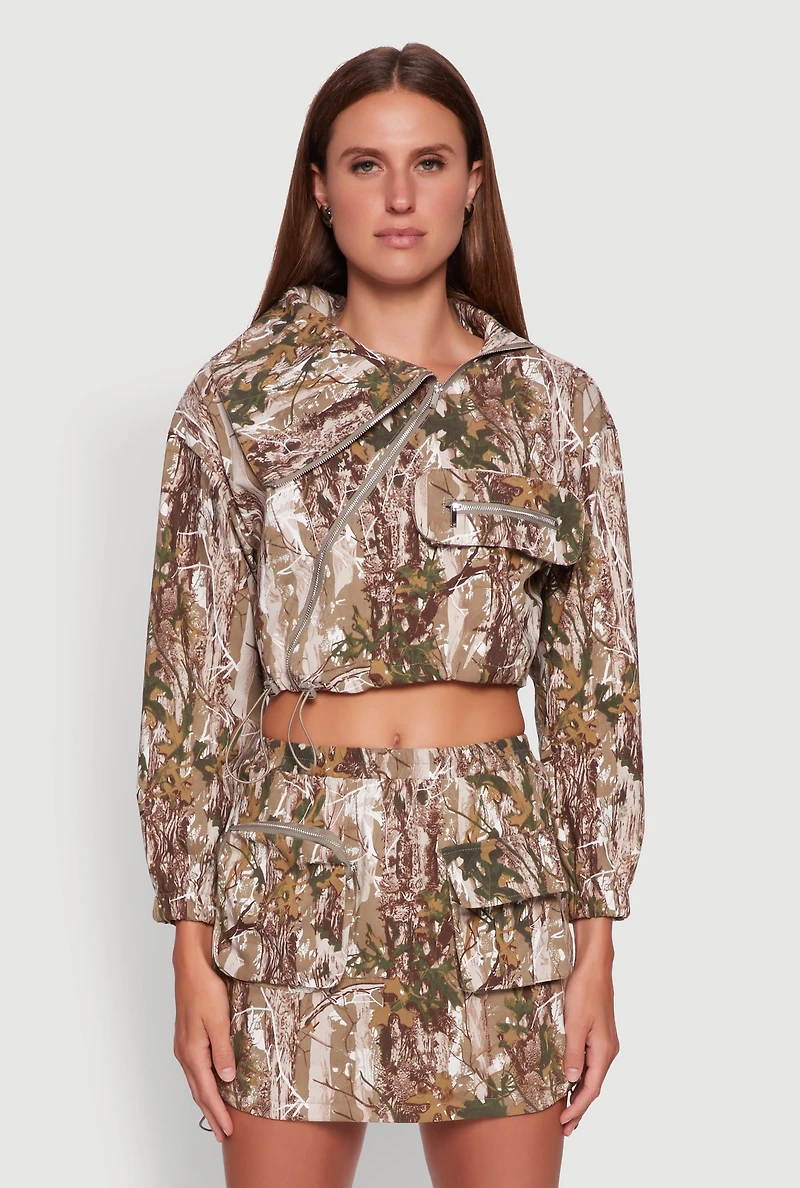 Womens Hunter Camo Drawstring Hem Zip Neck Cropped Jacket, Multi, Size XL
