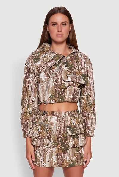 Womens Hunter Camo Drawstring Hem Zip Neck Cropped Jacket, Multi, Size XL