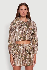Womens Hunter Camo Drawstring Hem Zip Neck Cropped Jacket, Multi, Size XL