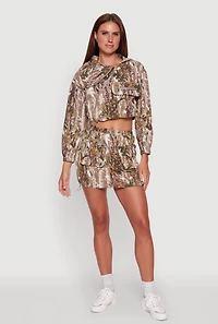 Womens Hunter Camo Drawstring Hem Zip Neck Cropped Jacket, Multi, Size XL