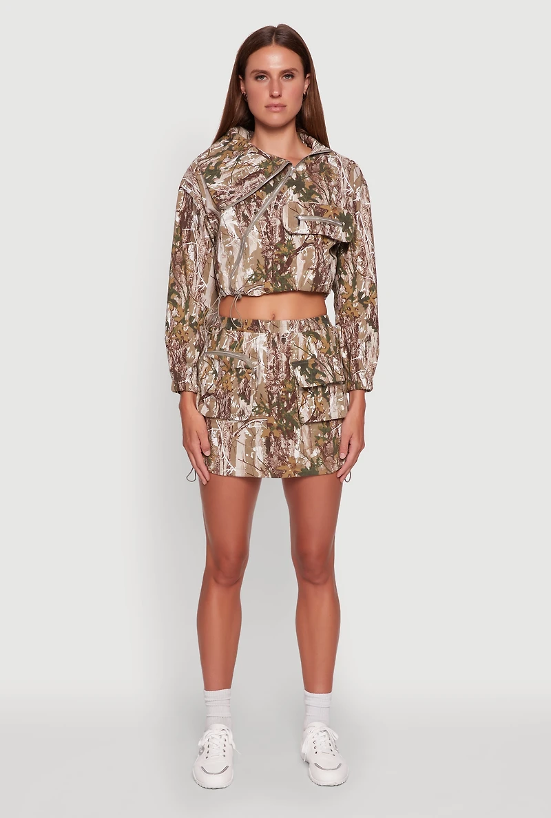 Womens Hunter Camo Drawstring Hem Zip Neck Cropped Jacket, Multi,