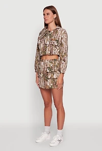 Womens Hunter Camo Drawstring Hem Zip Neck Cropped Jacket, Multi,