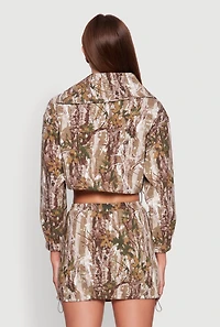 Womens Hunter Camo Drawstring Hem Zip Neck Cropped Jacket, Multi, Size XL