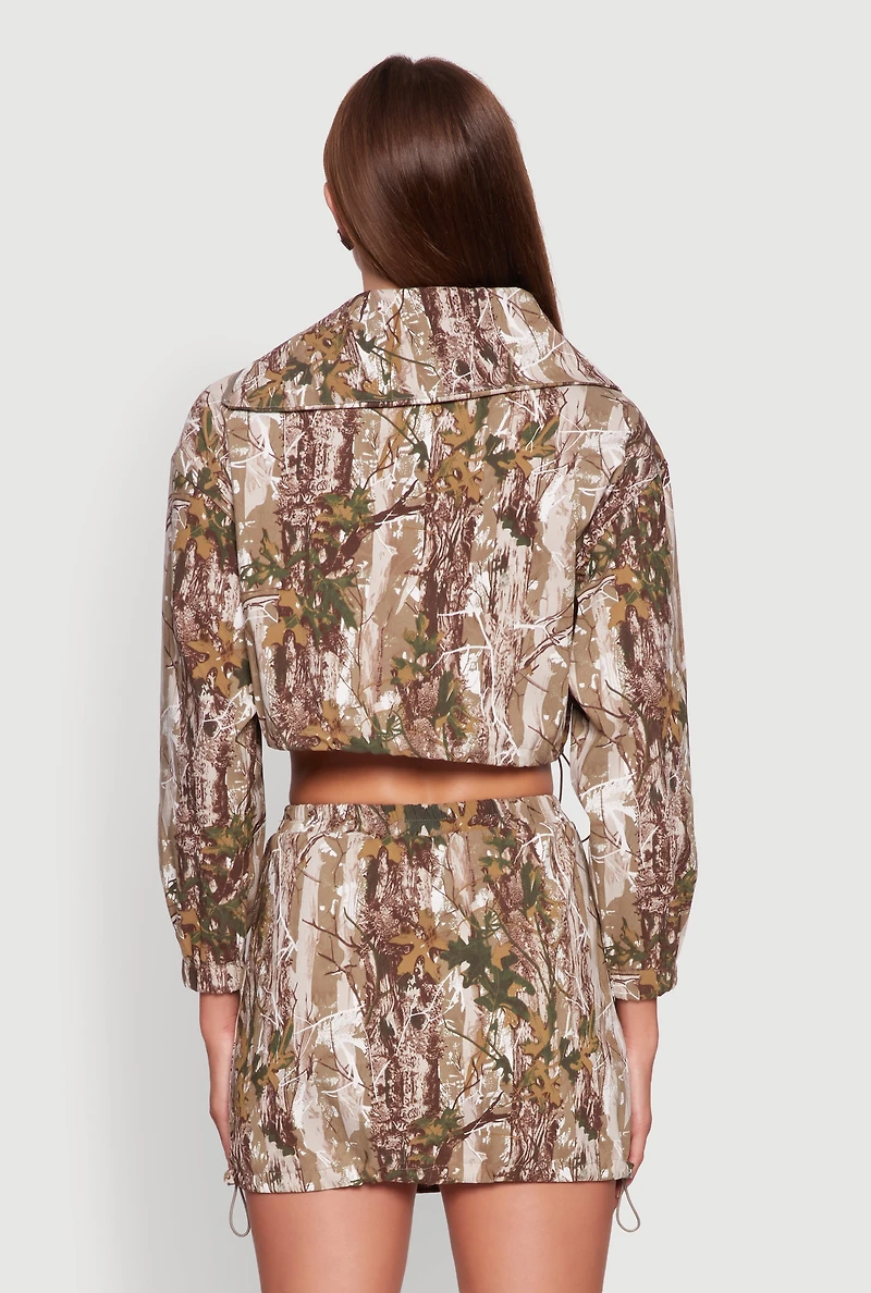 Womens Hunter Camo Drawstring Hem Zip Neck Cropped Jacket, Multi, Size M