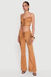 Lace Up Detail Faux Suede Flare Pants