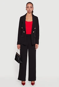 Womens Elastic Waist Straight Leg Dress Pants, Black,