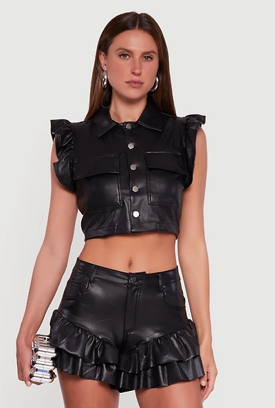 Faux Leather Flutter Sleeve Vest