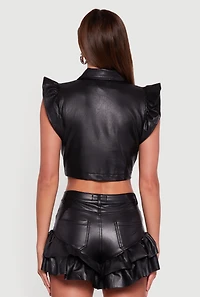 Womens Faux Leather Flutter Sleeve Vest, Black,