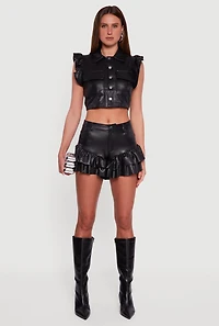 Faux Leather Ruffle Tiered High Waisted Shorts
