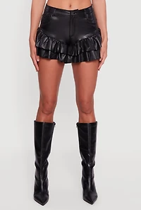 Womens Faux Leather Ruffle Tiered High Waisted Shorts, Black, Size M
