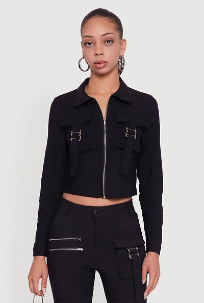 Womens Hyper Stretch Cropped Zip Front Utility Jacket, Black, Size S