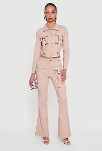 Womens Hyper Stretch Cropped Zip Front Utility Jacket, Beige,