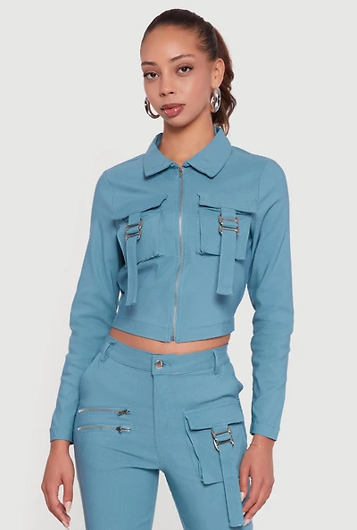 Hyper Stretch Cropped Zip Front Utility Jacket