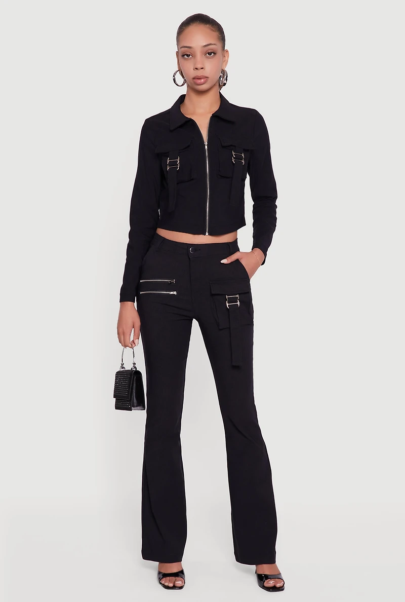 Womens Hyper Stretch Zipper Detail Utility Flare Pants,