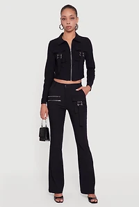 Womens Hyper Stretch Zipper Detail Utility Flare Pants,