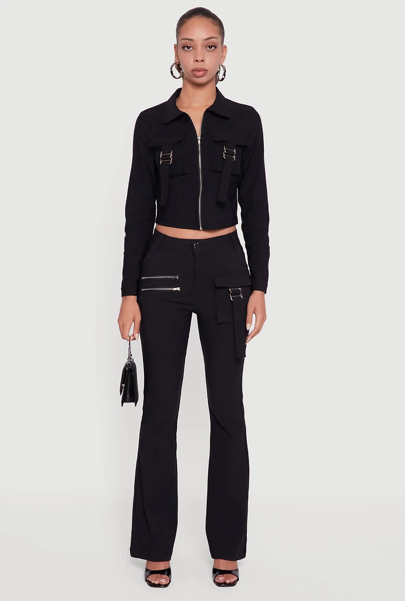 Womens Hyper Stretch Zipper Detail Utility Flare Pants,