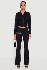 Womens Hyper Stretch Zipper Detail Utility Flare Pants,
