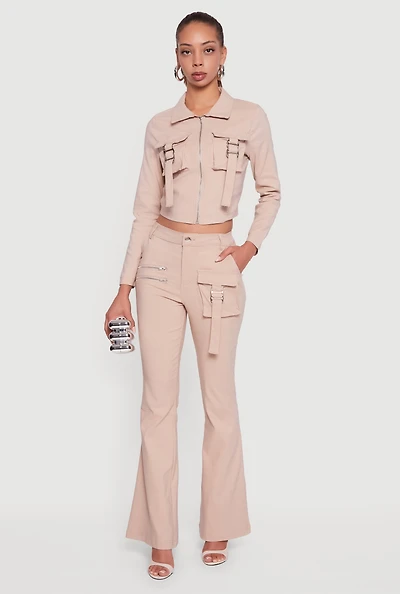 Womens Hyper Stretch Zipper Detail Utility Flare Pants,