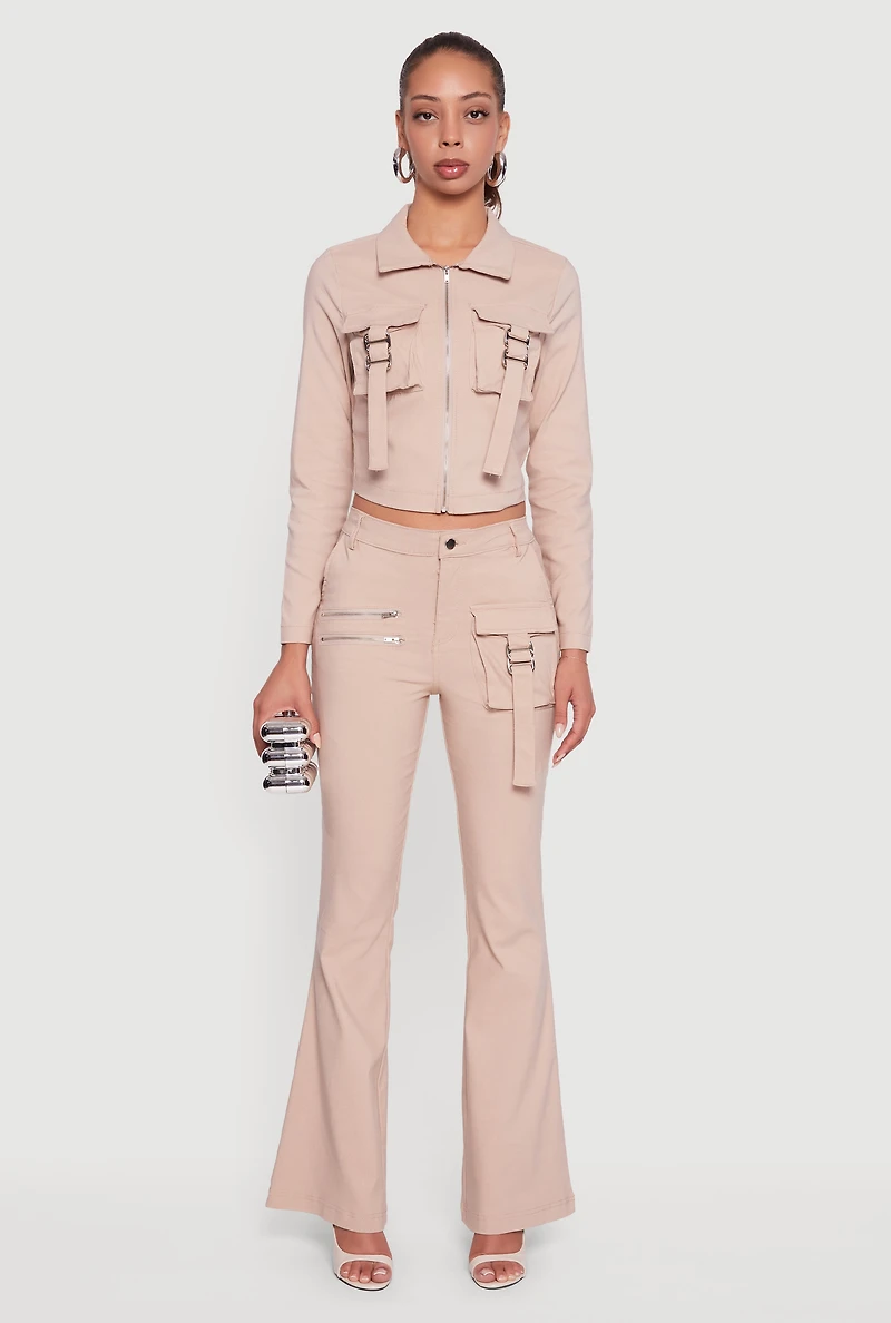 Womens Hyper Stretch Zipper Detail Utility Flare Pants, Beige,