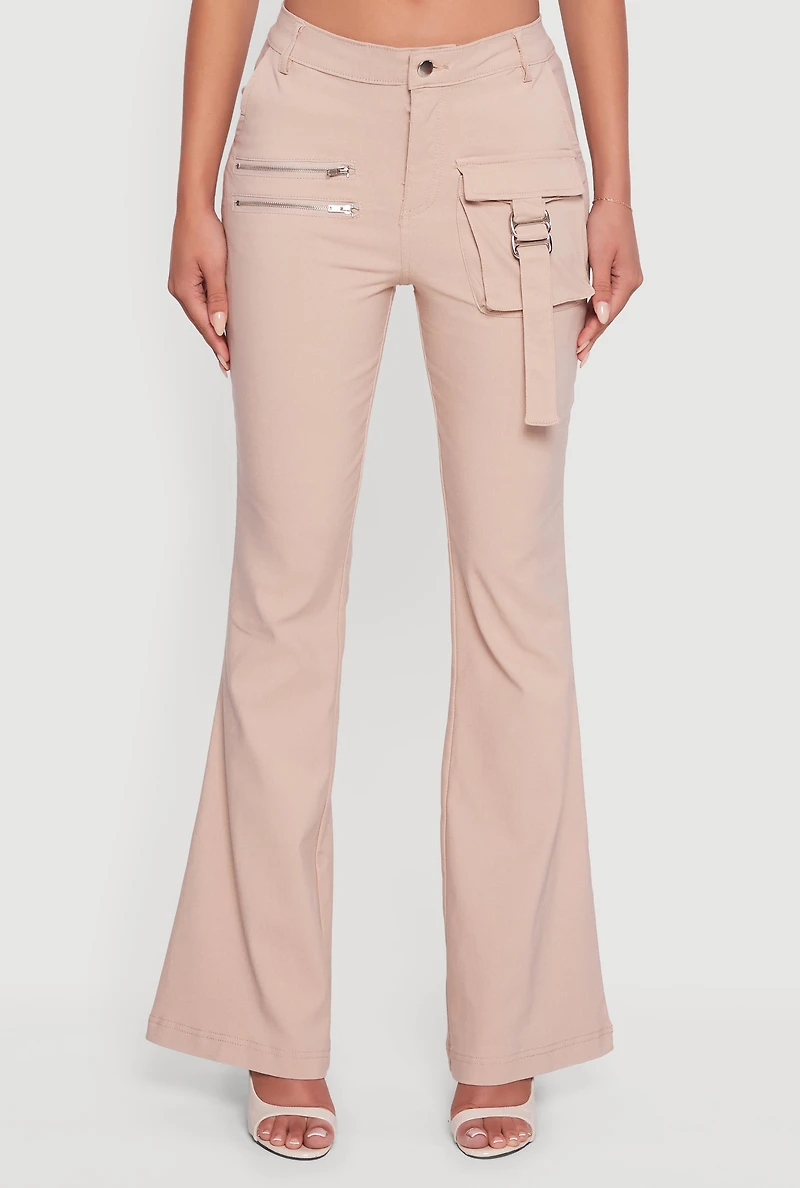 Womens Hyper Stretch Zipper Detail Utility Flare Pants, Beige,