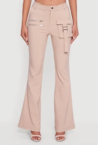 Womens Hyper Stretch Zipper Detail Utility Flare Pants, Beige,