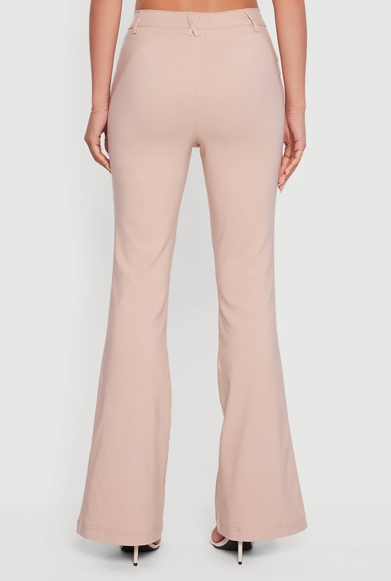 Womens Hyper Stretch Zipper Detail Utility Flare Pants, Beige,