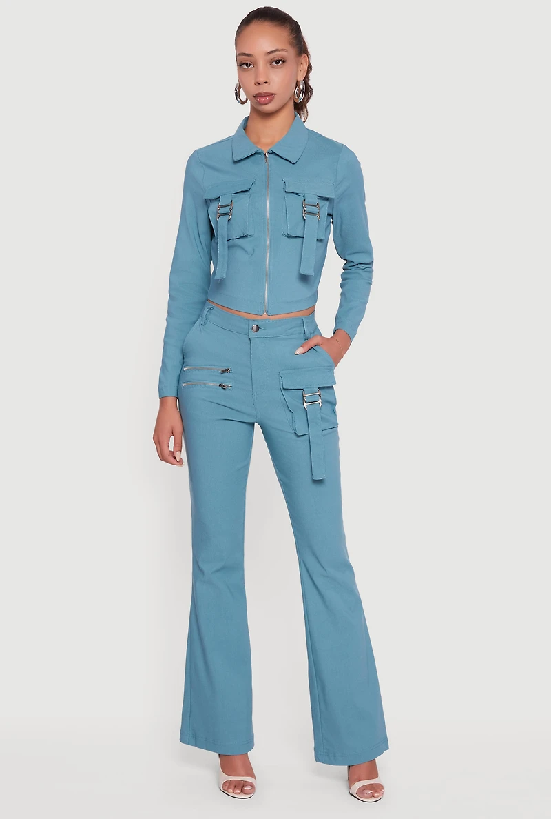 Womens Hyper Stretch Zipper Detail Utility Flare Pants, Blue, Size M