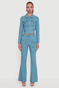 Womens Hyper Stretch Zipper Detail Utility Flare Pants, Blue,