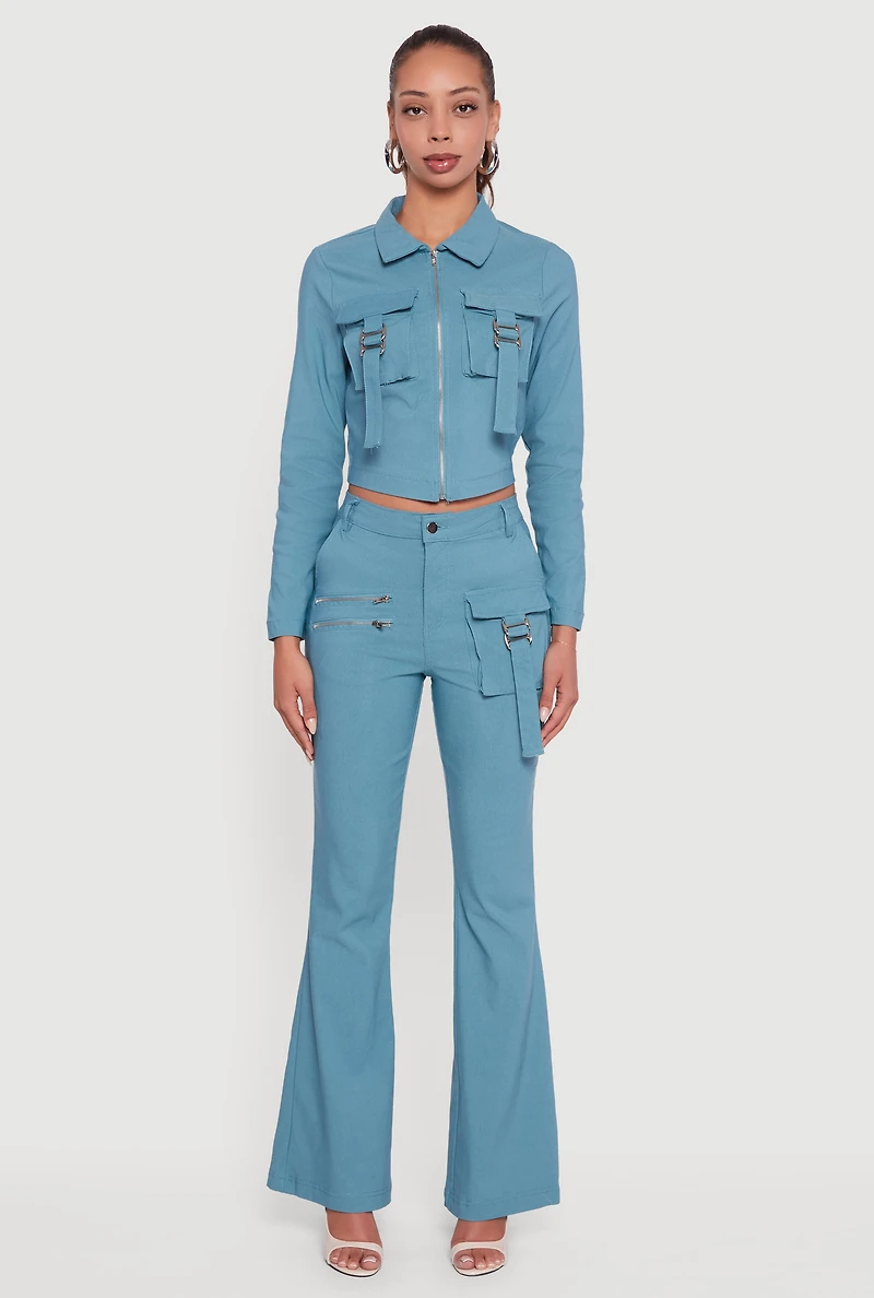 Womens Hyper Stretch Zipper Detail Utility Flare Pants, Blue, Size M