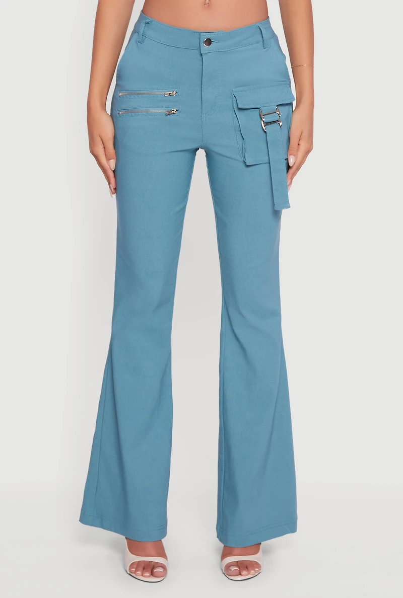 Womens Hyper Stretch Zipper Detail Utility Flare Pants, Blue,