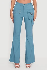 Womens Hyper Stretch Zipper Detail Utility Flare Pants, Blue, Size M