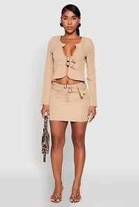 Womens Buckle Front Padded Shoulder Blazer, Brown, Size S